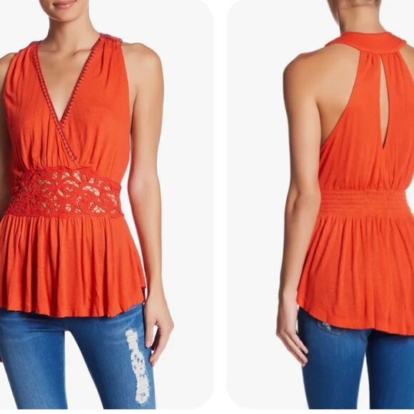 NWT Free People Megan Embroidered
Crochet Waist Peplum Top Tank XS Red/Orange - Picture 1 of 12